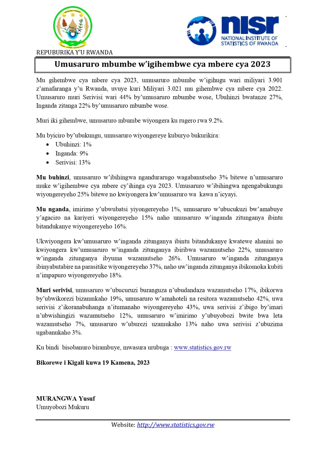 PRESS RELEASE: GDP Q1, 2023 (Kinyarwanda)